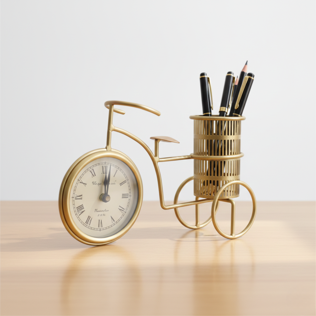 Vintage Bicycle Iron Desk Clock with Pen Holder