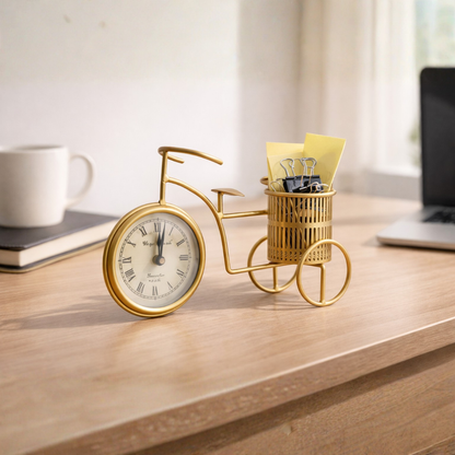 Vintage Bicycle Iron Desk Clock with Pen Holder