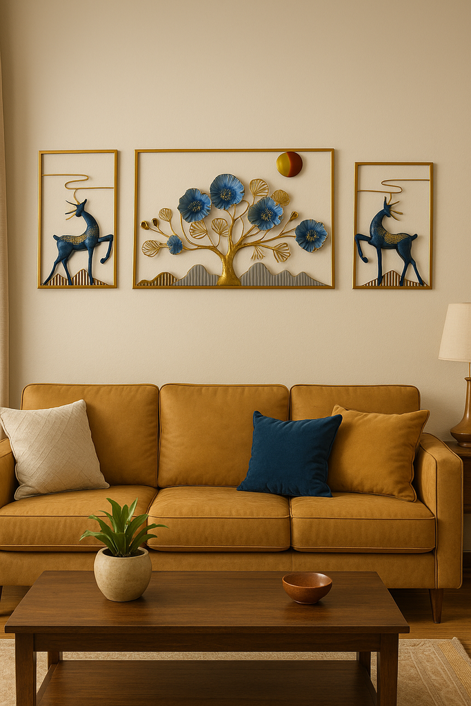 3-Piece Golden Deer & Floral Tree Iron Wall Art