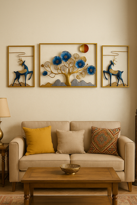 3-Piece Golden Deer & Floral Tree Iron Wall Art