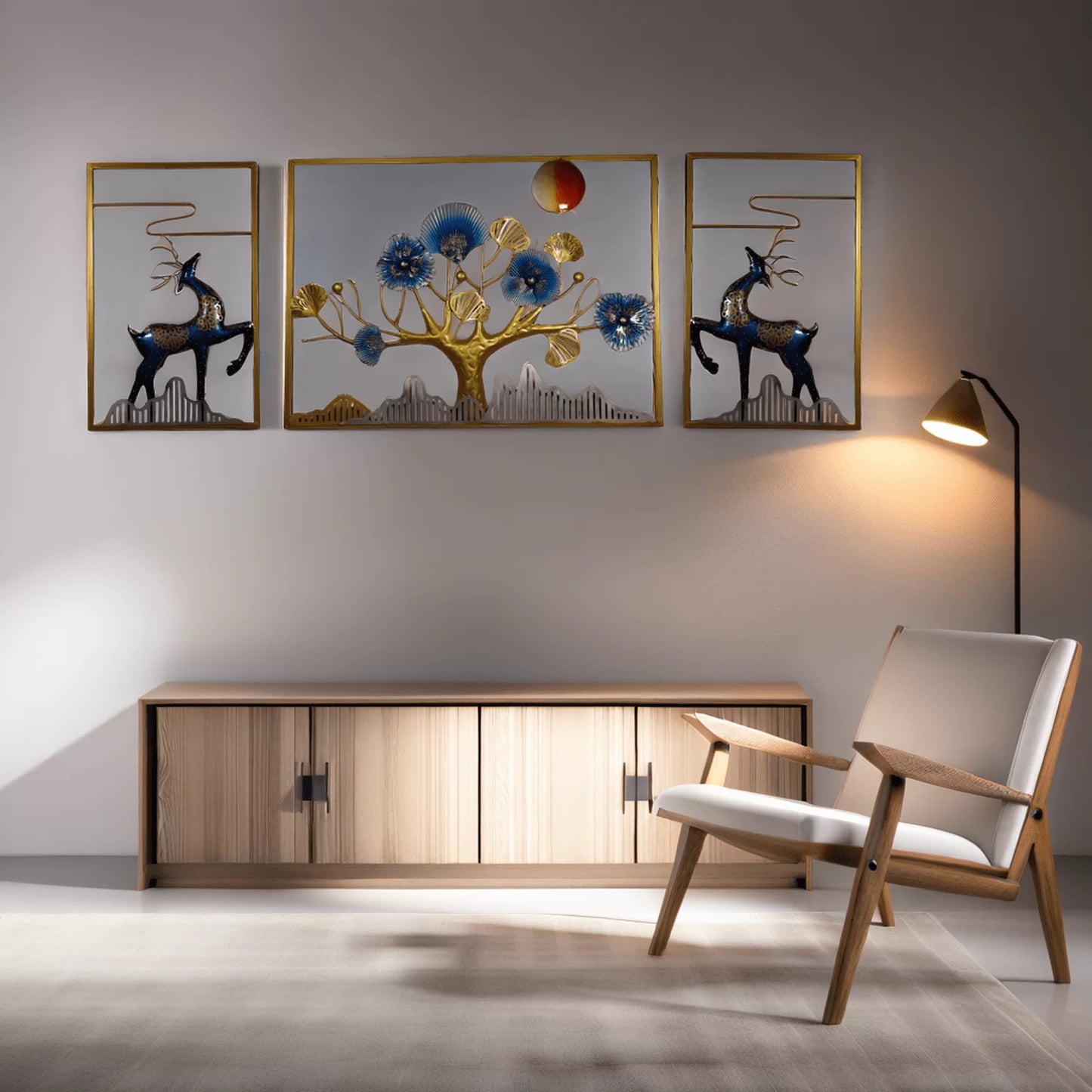 3-Piece Golden Deer & Floral Tree Iron Wall Art
