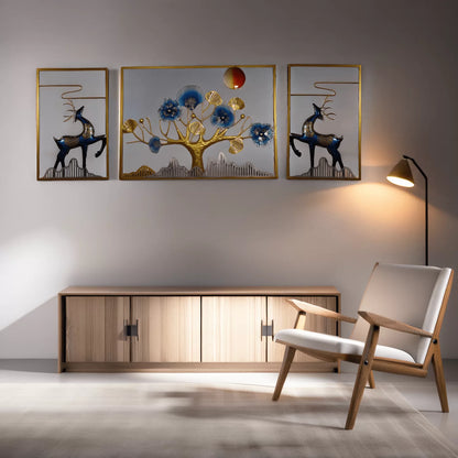 3-Piece Golden Deer & Floral Tree Iron Wall Art