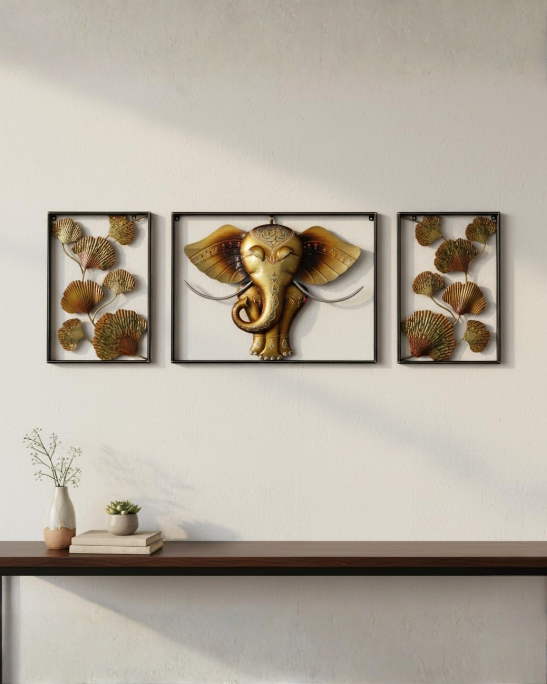 Handcrafted 3 panel Lord Ganesha metal wall art for home décor
