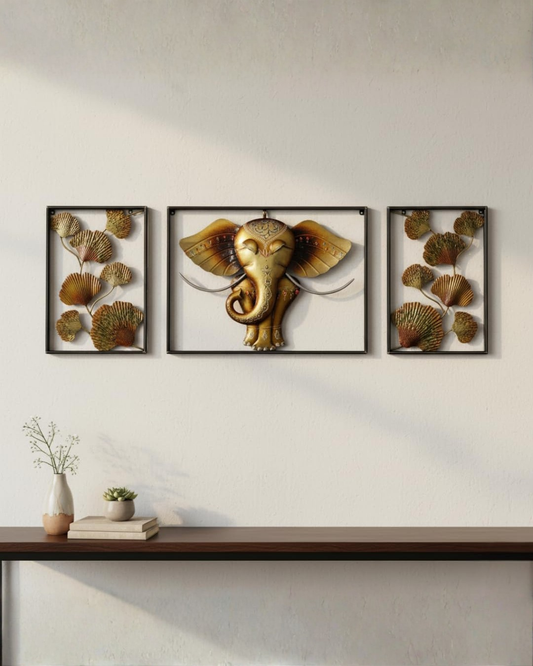 Handcrafted 3 panel Lord Ganesha metal wall art for home décor