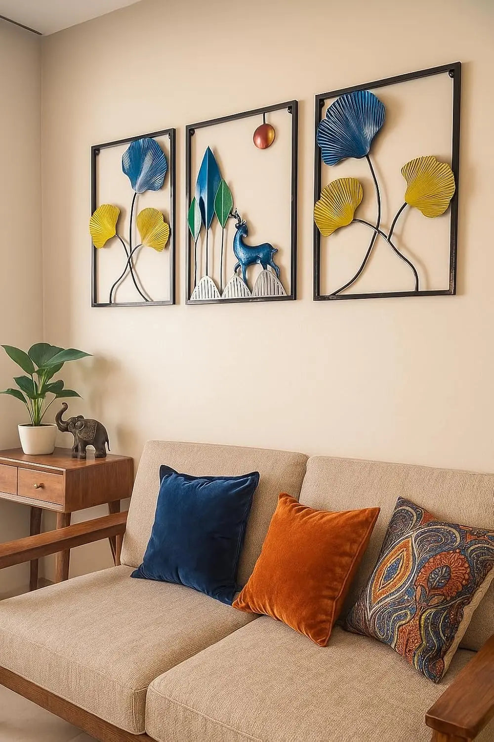 Triptych metal wall art with deer and tree elements