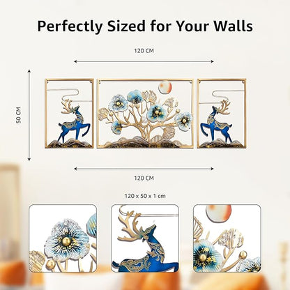 3-Piece Golden Deer & Floral Tree Iron Wall Art