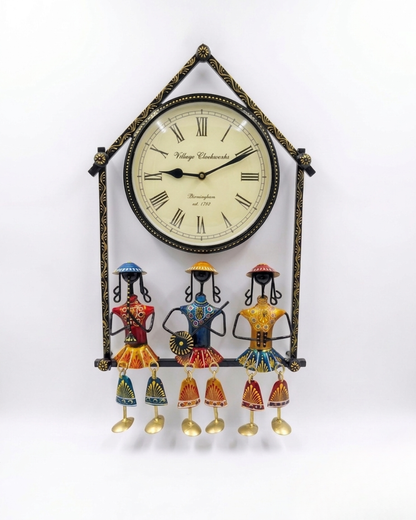 Handcrafted Indian Musical Wall Clock with Tribal Figurines