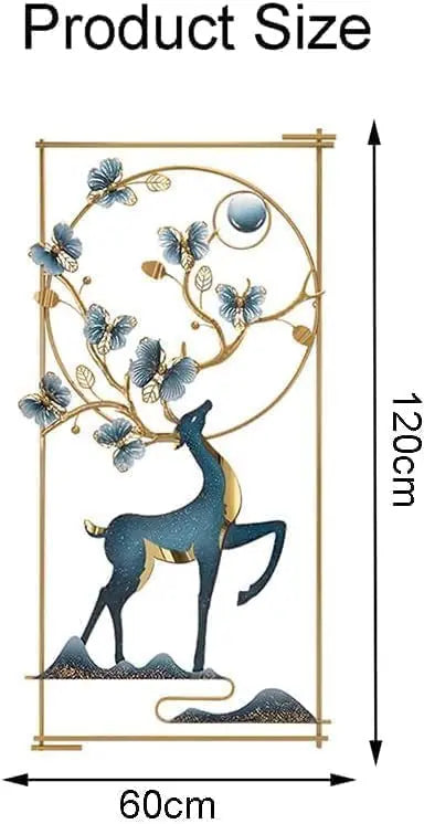 Living room metal wall art featuring handcrafted blue deer and butterfly design