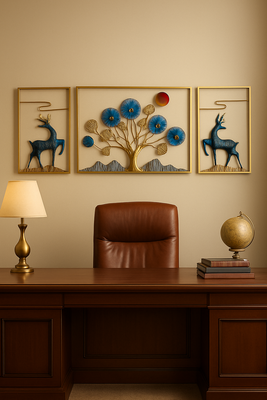 3-Piece Golden Deer & Floral Tree Iron Wall Art