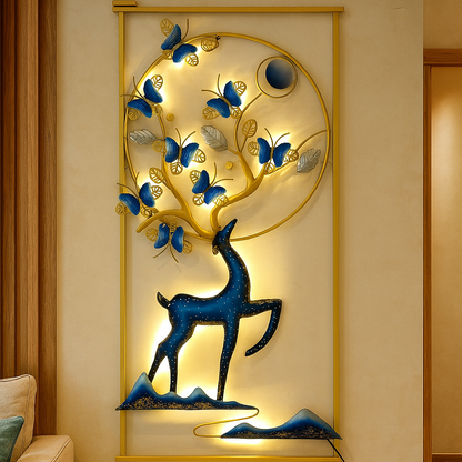 Decorative wall art with a deer and butterflies on a beige wall.