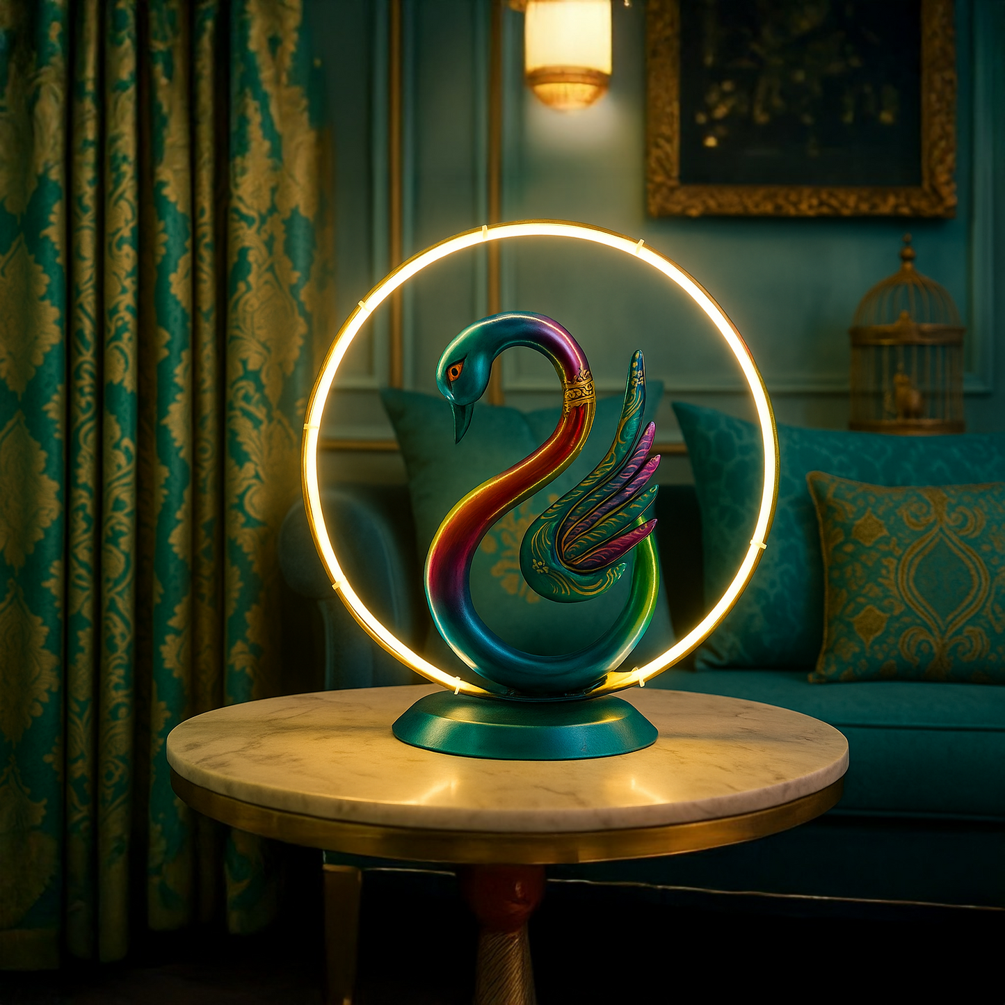 Elegant swan LED table lamp with decorative ring light for home decor