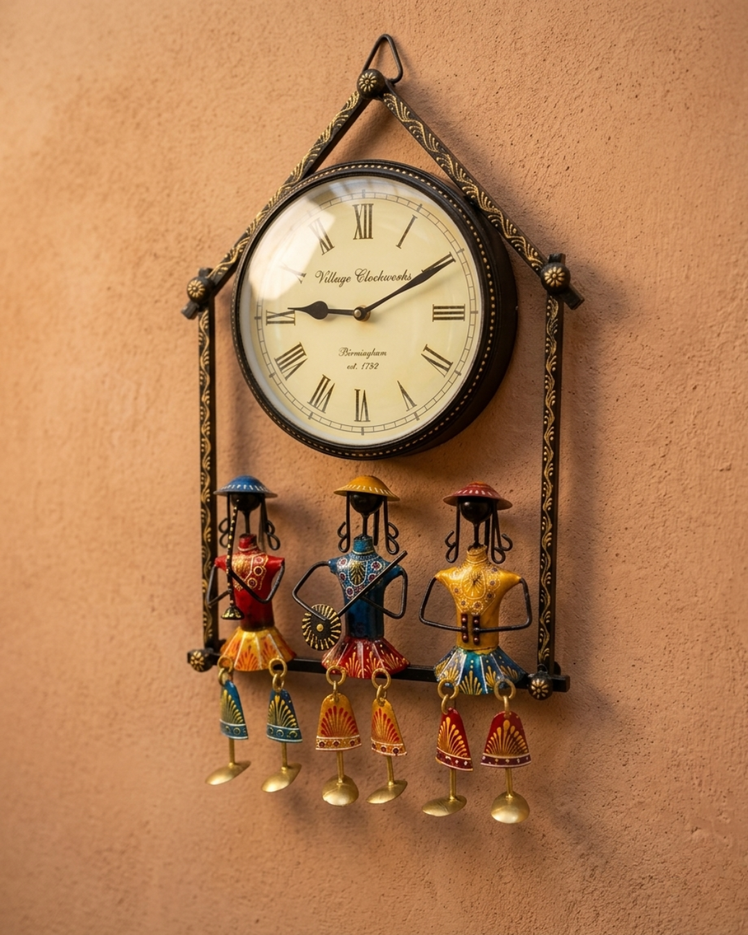 Handcrafted vintage metal wall clock showcasing colorful Rajasthani folk musicians