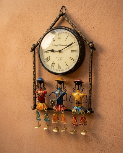 Handcrafted vintage metal wall clock showcasing colorful Rajasthani folk musicians