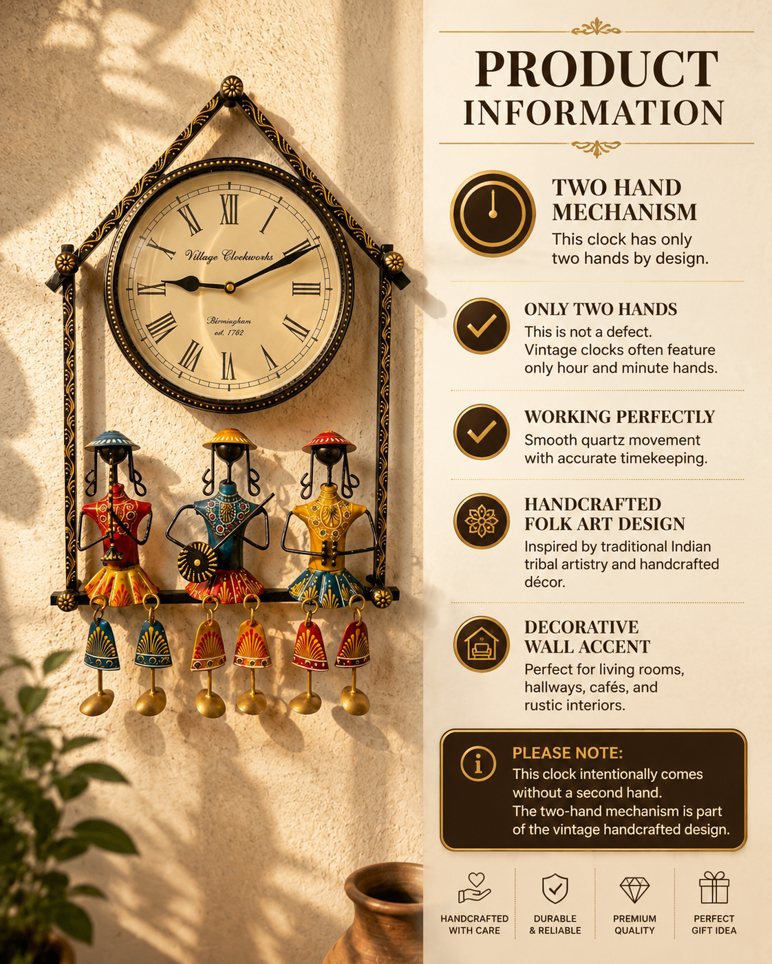 Handcrafted metal wall clock features
