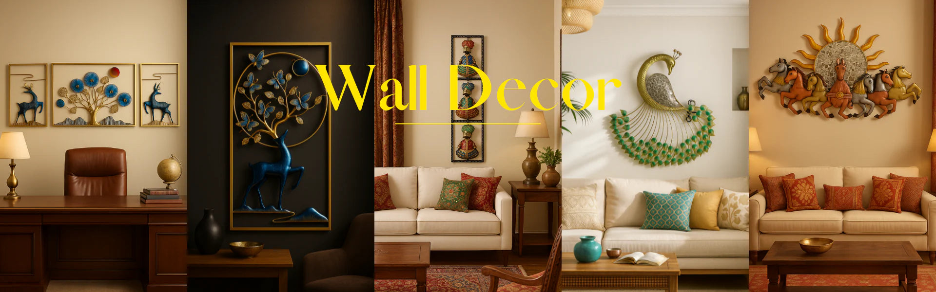 Handcrafted metal wall decor featuring deer wall art, peacock wall decor and seven horses wall art for living room decoration