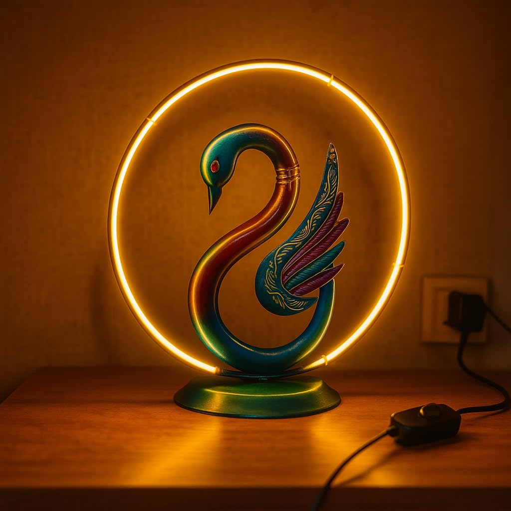 Modern decorative table lamp featuring colorful swan artwork and ambient lighting
