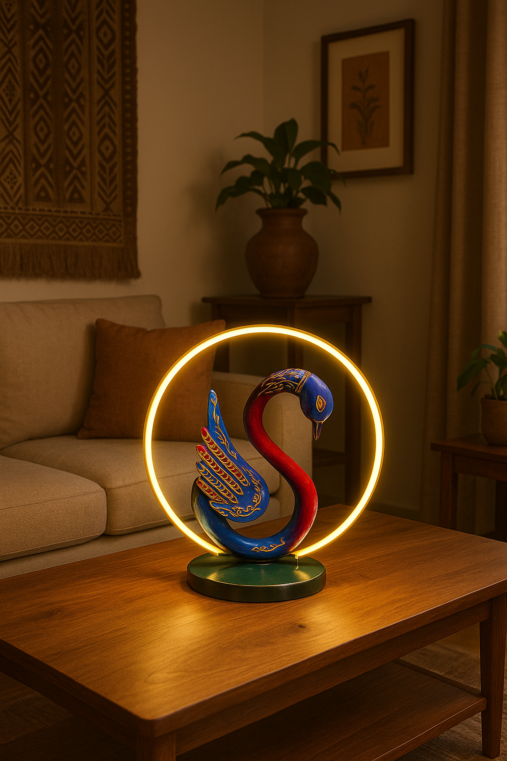 Designer swan lamp creating warm decorative lighting for modern interiors