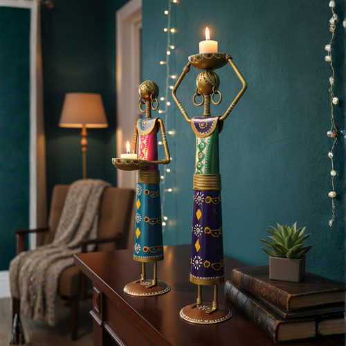 Metal candle holder with colorful handcrafted figurines and elegant detailing