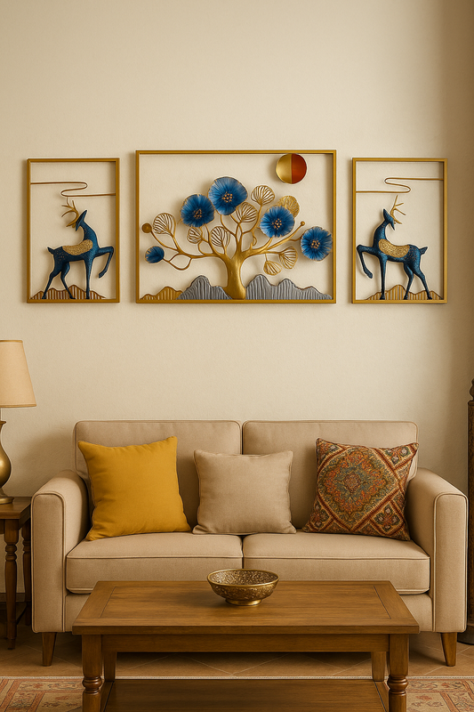 Three-panel deer and tree decorative wall hanging