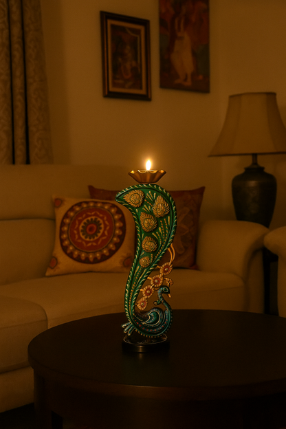 Elegant peacock diya holder for pooja room decor and festive decoration