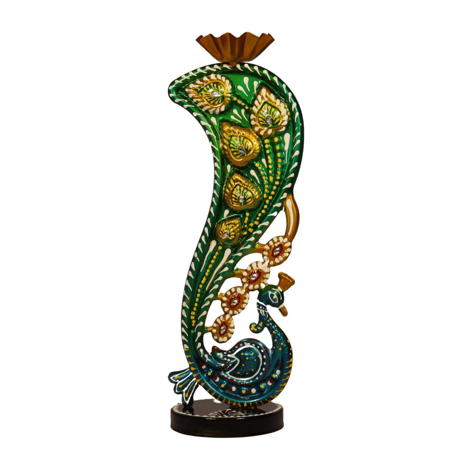 Handcrafted peacock tealight holder with decorative metal detailing
