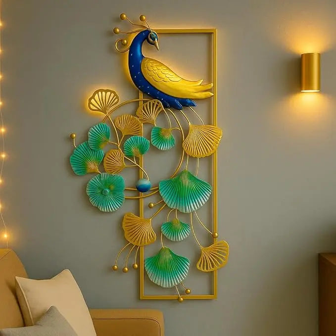 Decorative metal wall art featuring peacock and floral design